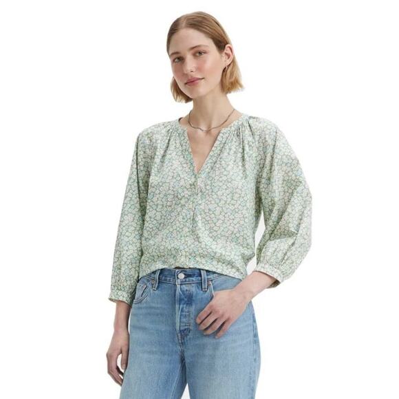 Levi's Tops - Levis Lainey Blouse Green White Blue Floral 100% Cotton Sz XXL Boho Artist NWOT